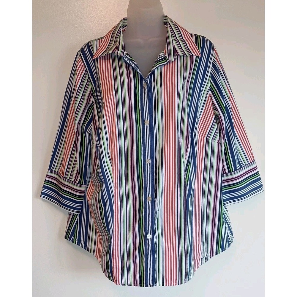 Talbots Woman 14W Striped Button Down Shirt Cotton 3/4 Sleeve Office Chic